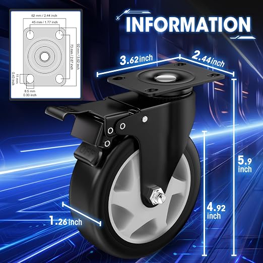 5" Heavy Duty Plate Casters, 1400 Lbs Dual Brake - Set of 4 | Black 1400 Lbs per 4 casters. 360° Swivel. Dual lock. PU won't mark floors. For workbench, furniture, cart.