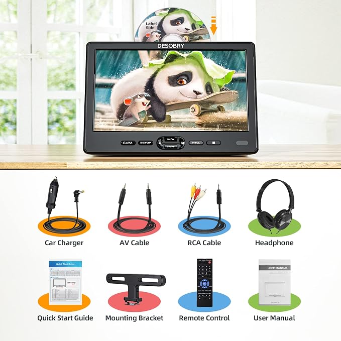 DESOBRY 10.5" Car DVD Player with Headrest Mount, Portable DVD Player for Car with Headphone, Suction-Type Disc in,Support 1080P Video,HDMI Input,USB/SD Card Reader,AV in/Out,Last Memory&Region Free