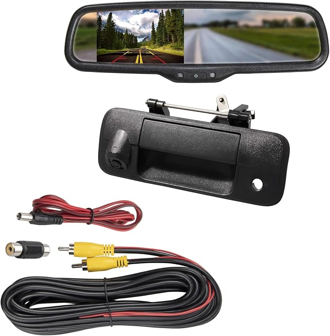 EWAY for Toyota Tundra 2007-2014 4.3" Rear View Mirror Monitor with Tailgate Handle Backup Camera Kit Parking Waterproof CCD Reverse Night Vision Car Safety Auto Cameras w/20ft RCA Extension Cable
