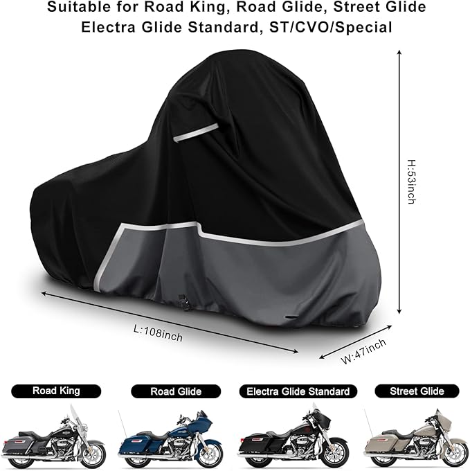 Waterproof Motorcycle Cover Compatible with Harley Davidson Electra Glide/Road King/Street Glide/CVO Road Touring Without Trunk Models, 420D Oxford Cloth Cover for Snow Rain Dust Protection