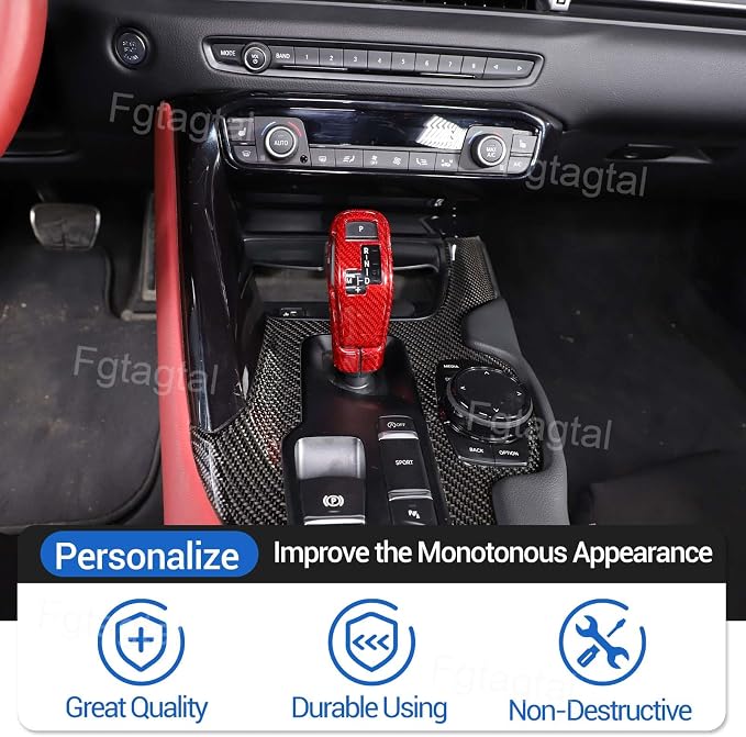 Real Carbon Fiber Gear Shift Head Cover and Front Head Cover Set Compatible with Toyota Supra GR A90 A91 MK5 2019-2026, Gear Shifter Knob Cover Protector Trim Cap 2Pcs (Red)