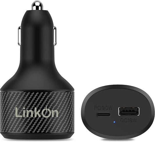 LinkOn 112W USB C Car Charger PD 3.0 (90W) PPS + USB A QC 3.0 (18W) – Fast Dual Port Car Adapter Compatible with MacBook, Dell, HP, iPad, iPhone 15/16, Galaxy S23/S24, Pixel, and More