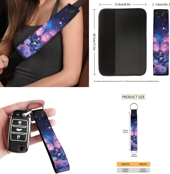 Purple Rose Butterfly 15Pcs Car Seat Cover Full Set Car Steering Wheel Cover Seat Belt Cover Trash Bin Front Rear View Mirror Car Cup Holder Keychain