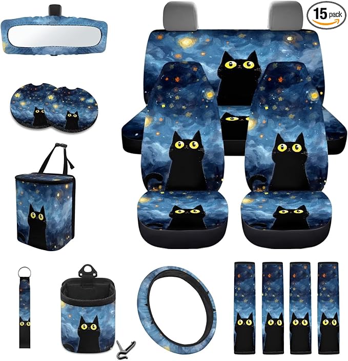 15Pcs Car Seat Cover Full Set Car Steering Wheel Cover Seat Belt Cover Trash Bin Air Vent Storage Box Front Rear View Mirror Car Cup Holder Keychain, Cute Cat Starry Night