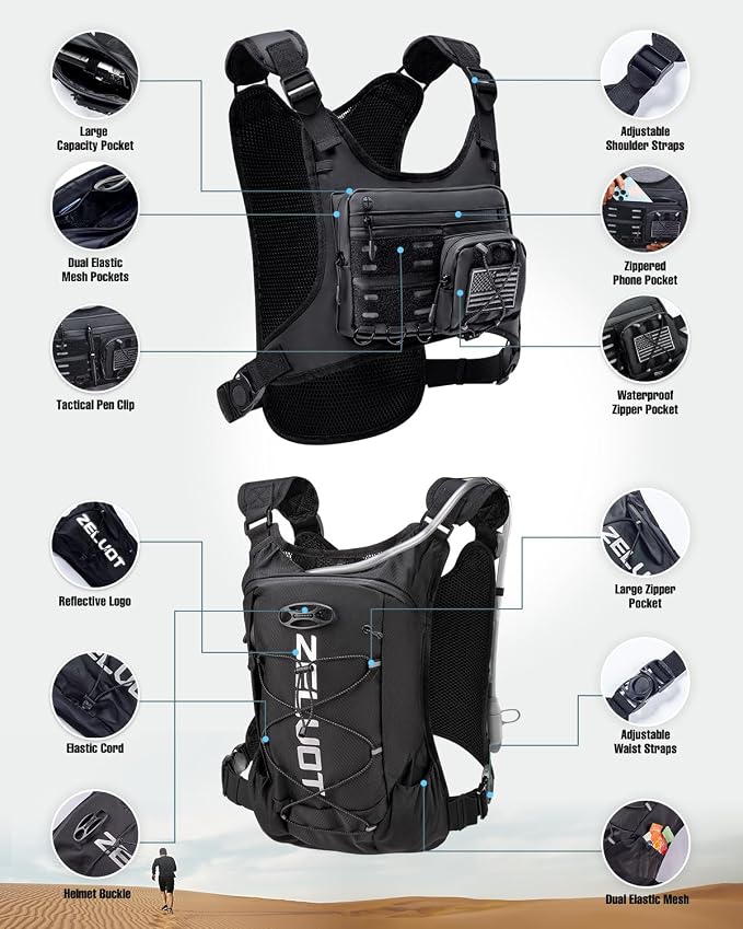 Zelvot Running Vest with 2L Water Bladder, Hydration Backpack, U.S. Design Patent, Lightweight Hydration Pack with Gear Holder, Reflective Chest Pack for Men Women