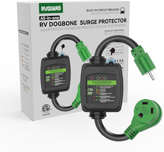 RVGUARD Surge Protector 30 Amp to 110 Volt RV Adapter Cord with Overload Protection, NEMA 5-15P to NEMA TT-30R Electrical Power Adapter, 2 Feet, Green, ETL Listed