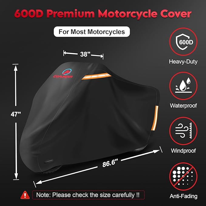Comnova Motorcycle Cover 86 Inch - 600D Waterproof Outdoor Motorcycle Cover with Lock Hole, Powersports Vehicle Covers with All-Season Protection for Motorcycles