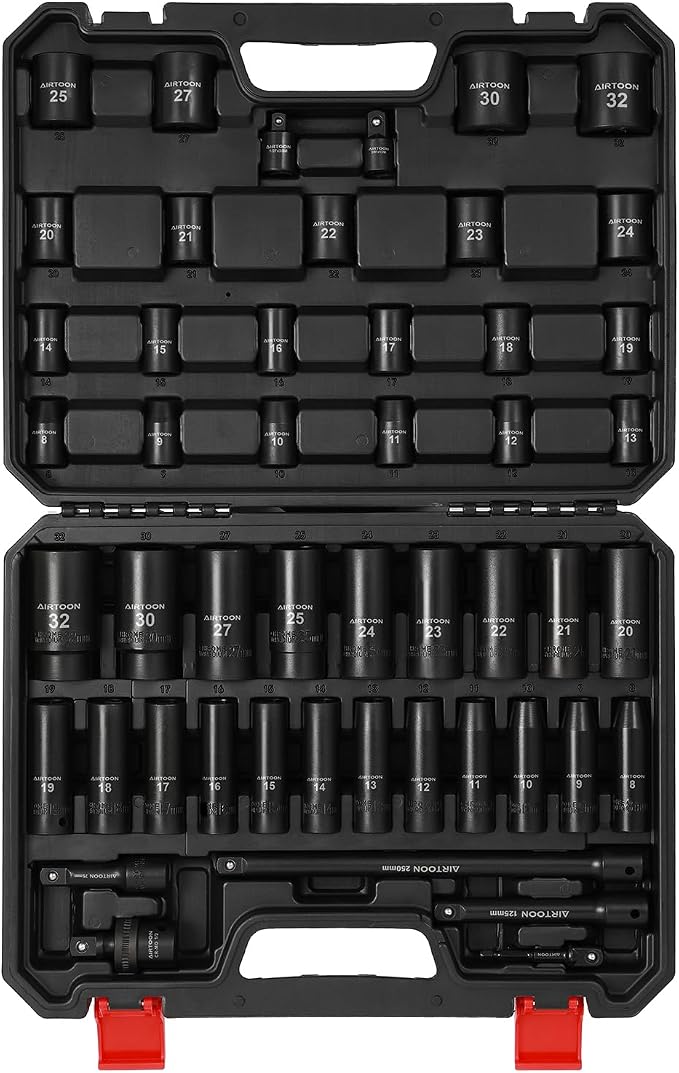 1/2-Inch Drive Impact Socket Set, 49 Piece Deep & Shallow Metric Socket Set 8mm to 32mm, 6 Point, CR-V Steel for Auto Repair, Easy-to-Read Size Markings, Rugged Construction, Storage Case