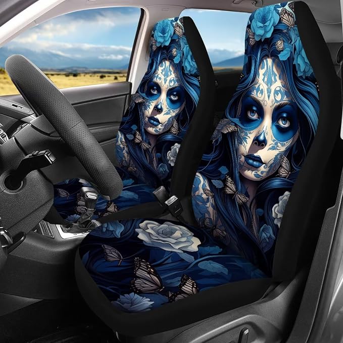 13 Pcs Sugar Skull Girl Car Seat Covers with Steering Wheel Cover, Seat Belt Covers Cup Holder Keychain, Blue Automotive Protector Set Unverisal Fit Cars SUV Turcks