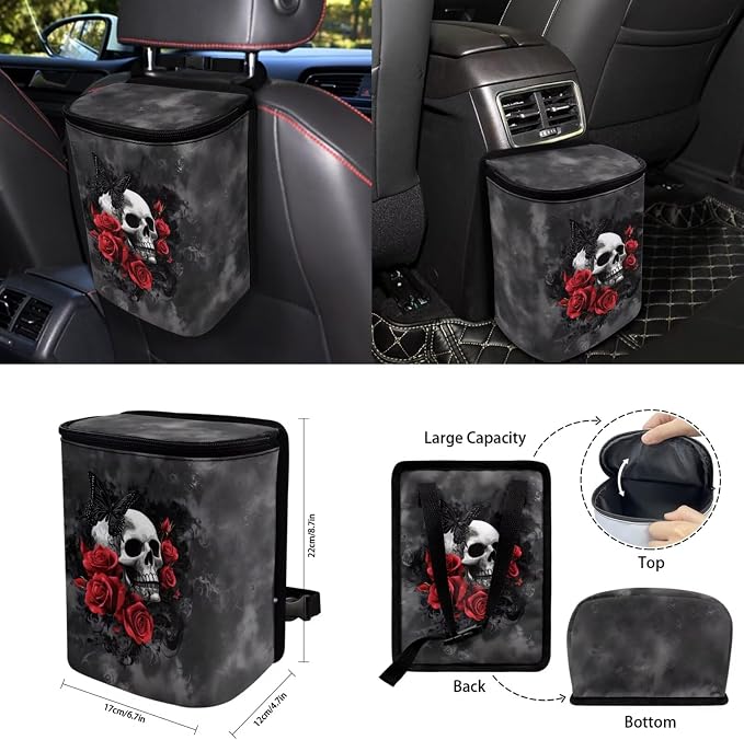 Rose Skull Car Seat Covers Full Set for Women Cute Car Accessories Interior Car Steering Wheel Cover Seatbelt Covers Trash Bin Rear View Mirror Cover Cup Holders Keychain