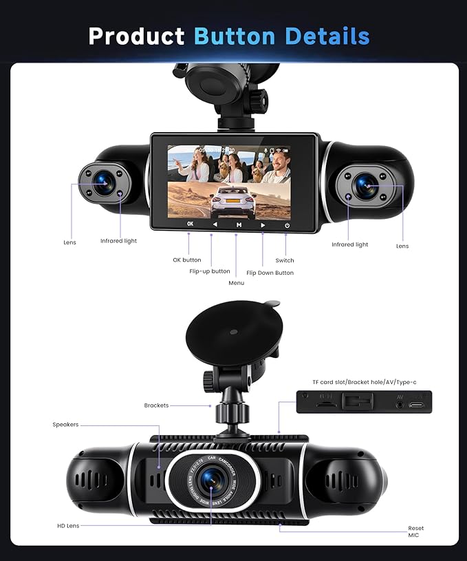 4 Channel 360° Dash Cam Front Rear Inside Left Right 3 Inch 2K Car Dash Camera WiFi Night Vision Motion Detection 24/7 Parking Mode Loop Recording Reverse Monitor Reversing with 64G TF Card