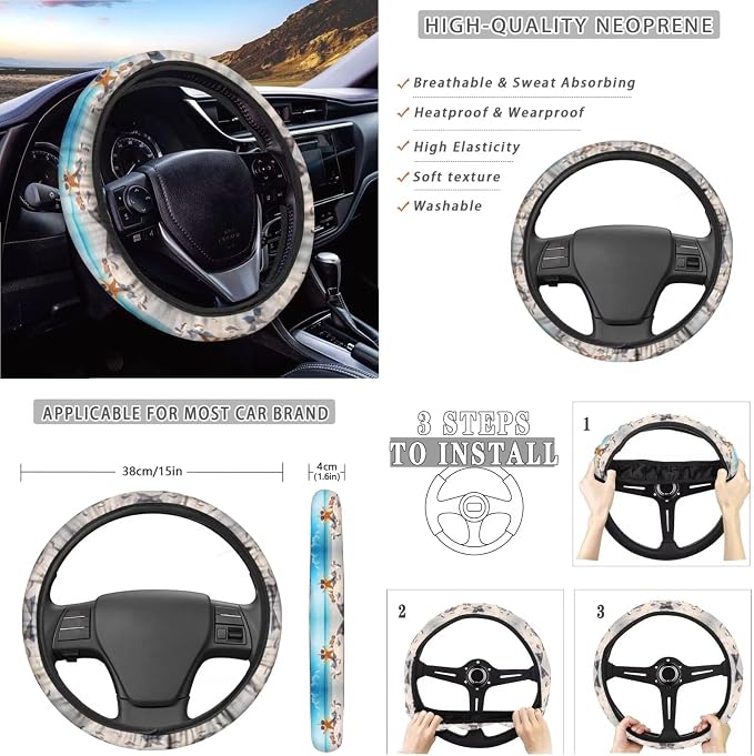 Suobstales Beach Starfish Seashell Conch Print Car Seat Covers Full Set for Women Girly Seat Cover Protector Auto Decorative with Steering Wheel Cover + Seat Belt Covers + Coasters + Keychains