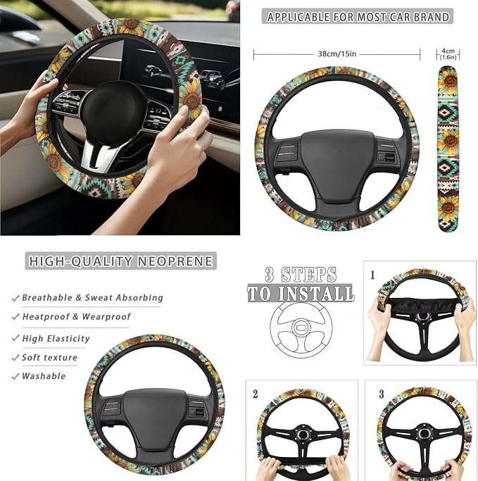 Aztec Sunflower Car Seat Covers Set of 15 with Universal Steering Wheel Cover, Rearview Mirror Cover, Car Trash Can, Seatbelt Pads, Cup Holder Coasters, Keychains