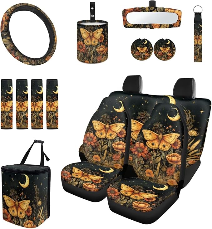 Moon Moth Car Aaccessories Full Set of 15 Pcs, Mushroom Car Seat Covers Set with Rear View Mirror Cover,Steering Wheel Covers,Car Trash Can with Lid for Women Man,Universal Fit