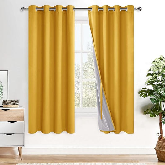 XWZO 100% Blackout Window Curtains - Thermal Insulated & Noise Reduction Black Liner Ring Top Window Treatment Sewn with Tiebacks for Bedroom/Living Room, Yellow, W52 x L63, Set of 2