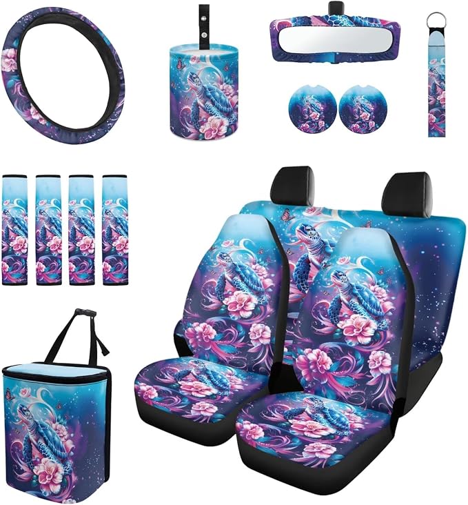 Floral Turtle 15Pcs Car Seat Cover Full Set Car Steering Wheel Cover Seat Belt Cover Trash Bin Front Rear View Mirror Car Cup Holder Keychain