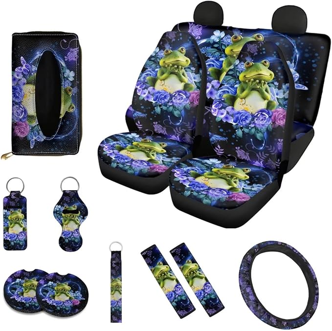 Poceacles 13 Pieces Frog Flower Car Accessories Full Set Includes Car Seat Cover Steering Wheel Shoulder Seat Belt Pads Cup Holder Chapstick Holder Keychain Decor
