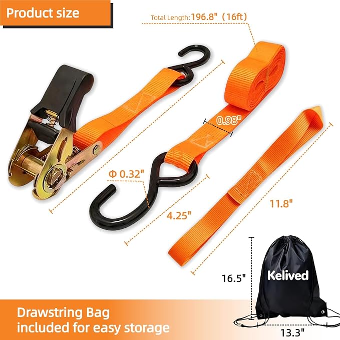 8PK Ratchet Tie Down Straps - 1in x 16feet, 1760LBS Break Strength, 8 Soft Loops, Wear-Resistant Webbing with Non-Slip Rubber Handle, S-Hooks & Storage Bag