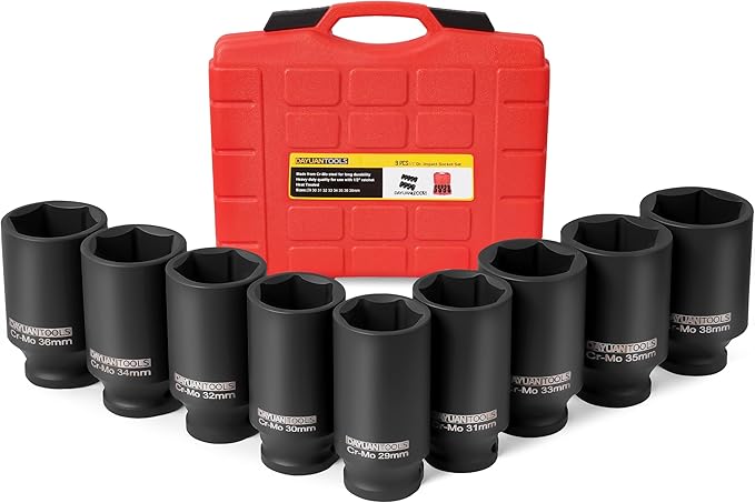 DAYUAN 9 pcs Heavy Duty Auto Body Repair Tool Bundle with 9 Pcs Axle Nut Hub Impact 1/2" Drive Socket 29 30 31 32 33 34 35 36 38mm Socket Set