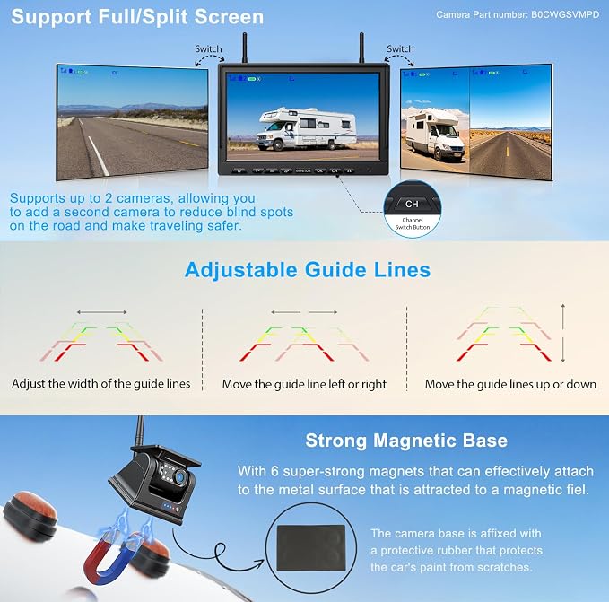 Magnetic Solar Wireless Backup Camera HD 1080P 10" DVR Monitor, Dual RV Cameras Wireless System for Hitch Towing Travel RV Camper 5th Wheel, Built-in 9600mAh Battery & Solar Panel, ZEROXCLUB BD102