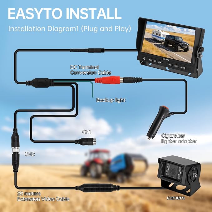 7" AHD Backup Camera System, IP69K Heavy‑Duty Reverse Rear View Camera with Guide Line, Night Vision, 20G Vibration‑Proof, Plug and Play for Truck/RV/Trailer/Tractor/Excavator/Heavy Equipment