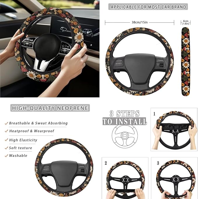 Mushroom Dasiy Car Seat Cover Split Covers for Women Men, Car Steering Wheel Cover Seat Belt Strap Pad Trash Bag Rearview Mirror Accessories Cup Holder Key Chain, 15 PCS