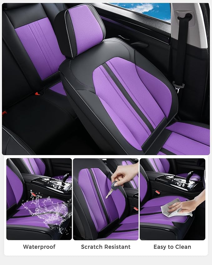 Huidasource Front Car Seat Cover, Luxury Faux Leather Leather Front Seat Covers, Compatible with Airbags, Seatbelt Buckles, Cooling＆Heating, Universal Fit for Most Cars Vans Trucks SUVs, Black＆Purple