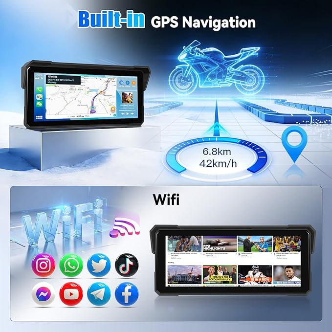 Android CarPlay Screen for Motorcycle, 8.1 inch IPS Portable Wireless Carplay/Android Auto Waterproof Portable Radio GPS Display for Motorbike with Built-in GPS Navigation Bluetooth