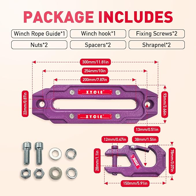 Winch Fairlead with Tow Hook, Purple, 10 in. (254 mm) | Synthetic Rope Fairlead, Forged Winch Hook, 10000 lb. - 20000 lb Towing, For SUV Truck Trailer Jeep, Electric Winches