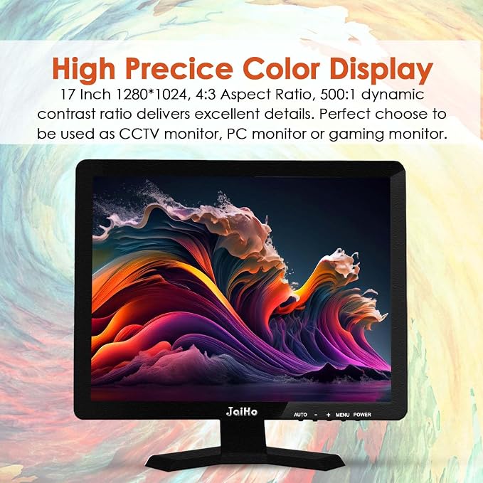 JaiHo 17-Inch 4:3 Security Monitor, 1280x1024 No Image Stretching CCTV Screen with Metal Housing, BNC HDMI VGA AV USB Input, Industrial Display with Built-in Speakers Remote Control & VESA Mount