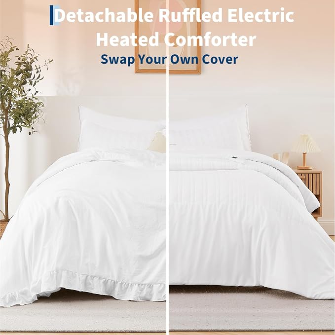 Heated Comforter Blanket with Ruffle, Wireless LCD Controller Electric Quilt - Fast Heating, Overheat Protection, ETL Certified, Machine Washable