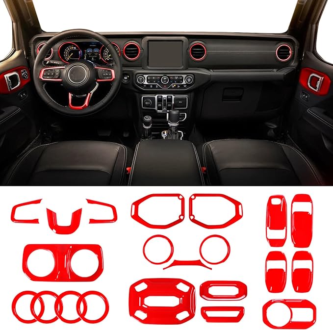 21PCS Full Set Interior Decoration Trim Kit Compatible with Jeep Wrangler JL JLU & Gladiator JT 2018-2021,Steering Wheel,Reading Light,Air Conditioning Vent,Headlight Switch,Speaker Covers(Red)