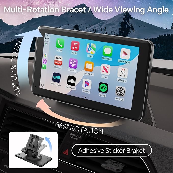 Wireless CarPlay & Android Auto Car Stereo - 7" HD Portable Touchscreen with Bluetooth 5.2, GPS Navigation, Mirror Link, 1080P Backup Camera, AUX & FM Transmitter - Plug & Play Receiver for Vehicles