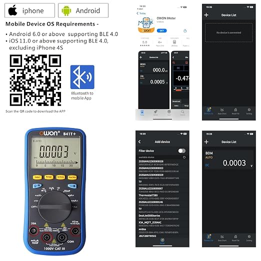 OWON B41T+ Bluetooth Digital Multimeter Auto-ranging TRMS 22000 Counts Ohmmeter for AC/DC Voltage,Current,Resistance,Continuity,Capacitance,Diodes,Temperature Measurement,Volt Meter for Automotive