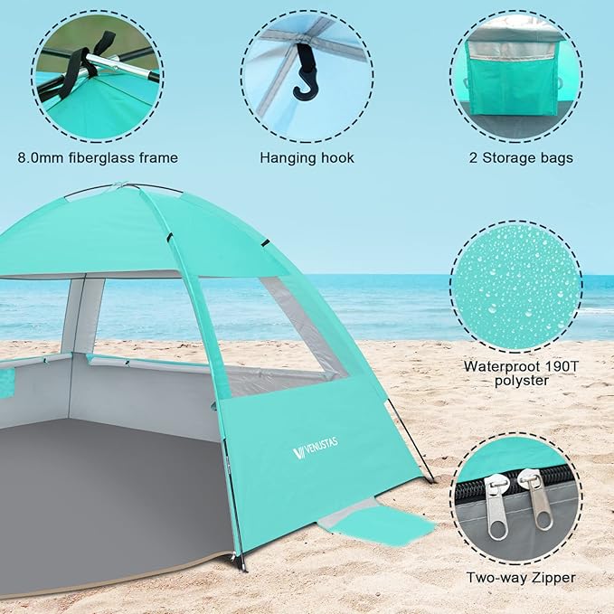 Venustas Beach Tent Sun Shelter for 3/4/6/8 Person, UPF 50+ UV Protection Beach Canopy, Lightweight and Easy Setup Cabana, Portable Shade Tent