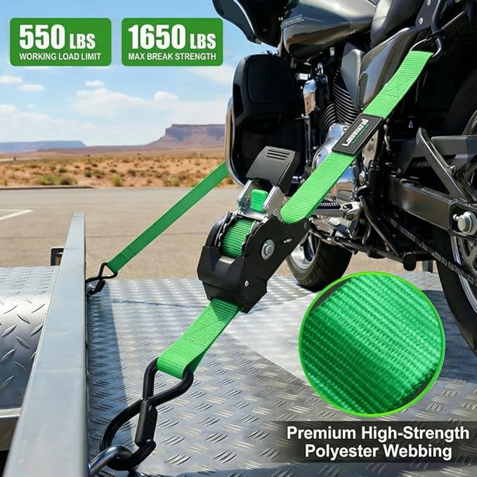 Retractable Ratchet Straps (4-Pack) - 1 Inch x 10 Feet (1,650lb Break Strength) - Heavy Duty Auto Self Retracting Tie Down Straps for Motorcycle, ATV, UTV, Truck, Cargo Trailer - Green
