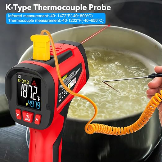 Infrared Thermometer Gun, Digital Laser Temperature Gun with Probe, -40°F~1472°F Non-Contact IR Thermometer with Adjustable Emissivity for Cooking, Pizza Oven, Griddle, Grill & Meat