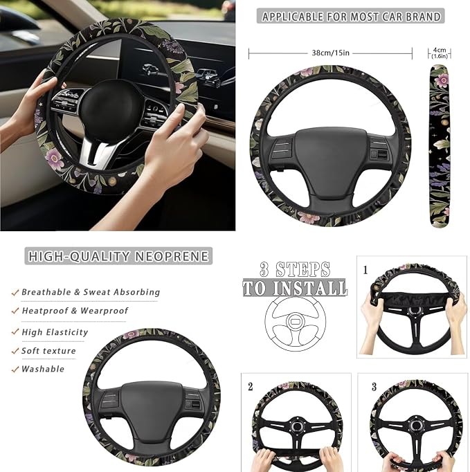 Moon Moth 15Pcs Car Seat Cover Full Set Car Steering Wheel Cover Seat Belt Cover Trash Bin Front Rear View Mirror Car Cup Holder Keychain