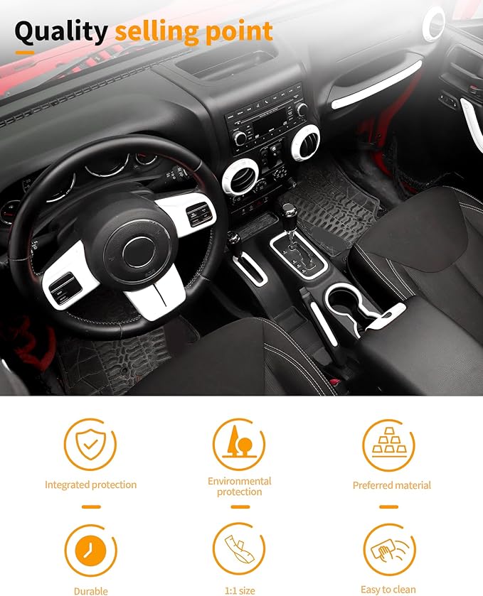 Hoolcar Steering Wheel Cover Gear Shift Panel Trim Cover Water Cup Holder Cover Kit Interior Accessories Kit Fit for Jeep Wrangler JK JKU 2011-2018, 4-Door, White