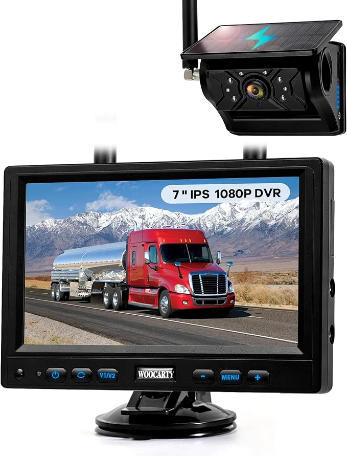 Solar Magnetic Wireless Trailer Camera, 7" IPS DVR Screen + Solar Powered Night Vision Rearview Camera, 100% No Wiring Waterproof Backup Camera System for RV Truck Camper Trailer Hitch, BS1