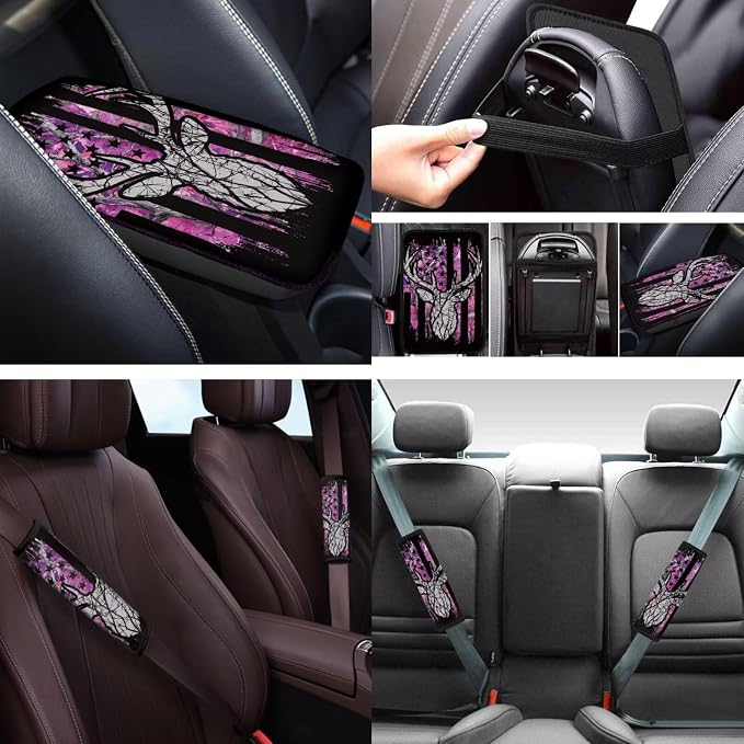 Flag Deer 12 Pack Car Seat Covers Full Set with Auto Seat Belt Cover Car Armrest Cushion Cars Cup Coasters Steering Wheel Cover Universal Fit Most Cars SUV