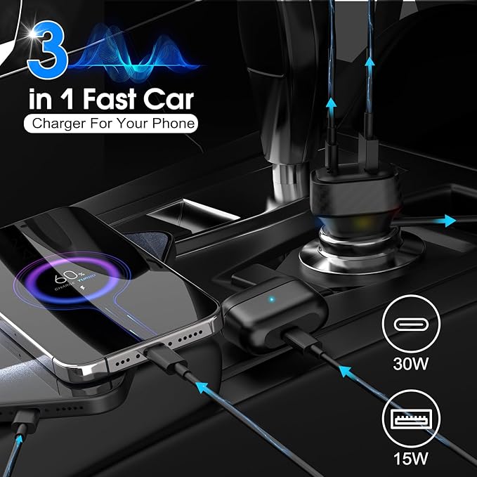 Car Charger 60W Super Fast Charging, QC3.0 USB C Car Phone Charger with 3.2ft PD 30W Type C Cable, 3 in 1 Car Adapter for iPhone 16/15/14/13Pro Max Plus Samsung Galaxy Google Pixel/Android Black