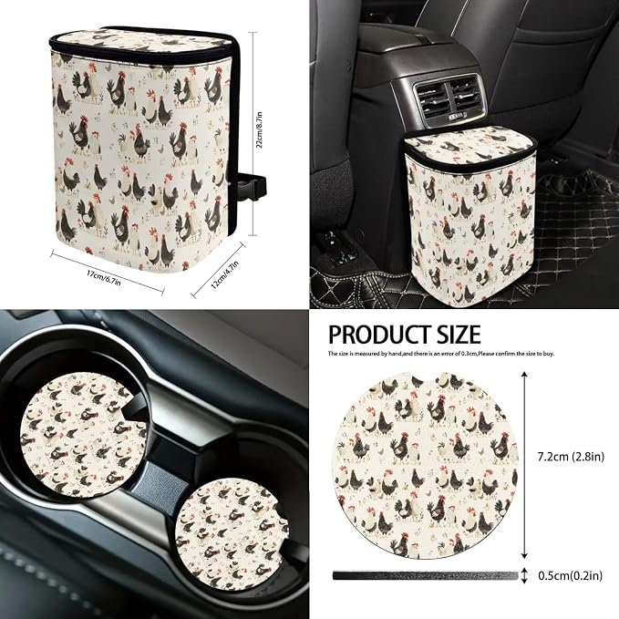 Suobstales Rooster Chicken Flower Print Car Seat Cover Interior Accessories Set of 13, Steering Wheel Covers, Car Trash Can, Seatbelt Cover, Coasters, Keychains, Rearview Mirror Cover Universal Fit