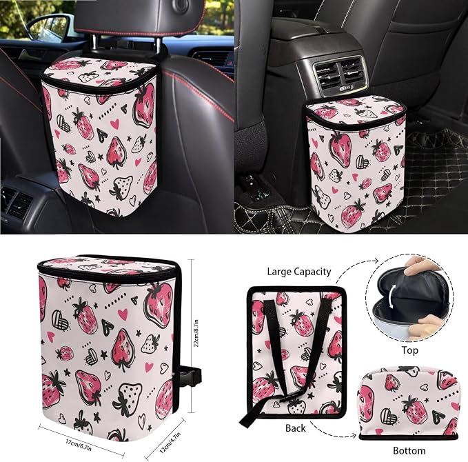 Strawberry Print Car Interior Covers Full Set 15Pcs Universal Car Front and Rear Seat Covers with Steering Wheel Cover Safety Belt Pads Inside Rearview Mirror Cover Cup Mats