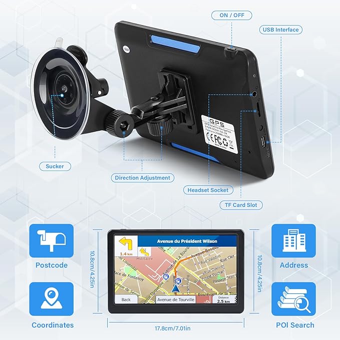GPS Navigator for Car Truck RV, 7" Touchscreen GPS Navigation System, 2026 Map with Voice Guidance, Speed Alert, Red Light Warning, Custom Truck Routing, Free Lifetime Updates (Blue)