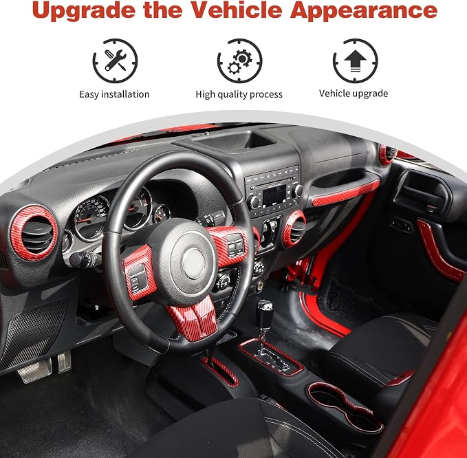 CheroCar 18PCS Interior Trim Kit for Jeep Wrangler JK JKU 2011-2018 4 Door,Steering Button Frame, Air Conditioning Vent Trim Cup Holder Cover,Gear Shift Knobs Frame,Red Carbon Fiber…