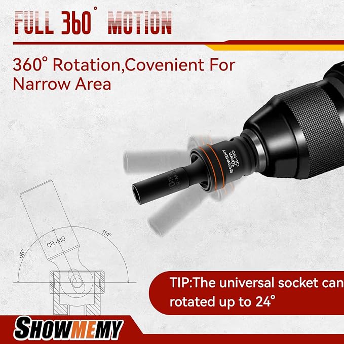 Drive Impact Universal Joint Socket Set, 6 Points, Deep Swivel Socket Set, Cr-Mo Steel. Heavy Duty Storage Case (Metric 3/8(Deep 10Pcs)
