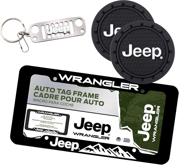 Plasticolor 008886ZA1 Jeep Wrangler License Plate Frame Grill Key Chain and 2pc Auto Coaster Assortment - 4 piece kit