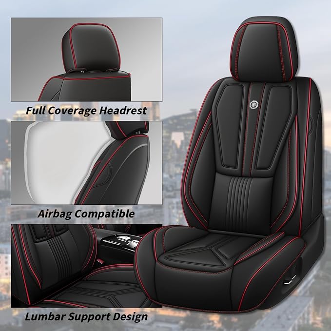 Arazi Fit for 90% of Mercedes-Benz Seat Covers, 360° Full Wrap Original Seat Cover, Waterproof Nappa Leather Seat Covers with Big Space Storage Pocket Seat Protector（5 Seats Standard, Black&Red Line）