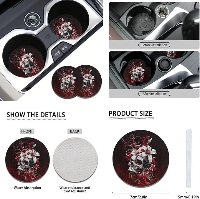 KEIAHUAN Gothic Skull Flower 11 Pcs Car Seat Cover Full Set Includes Shift Knob Handbrake Cover Steering Wheel Armrest Cover Headrest Covers Cup Coasters for Women